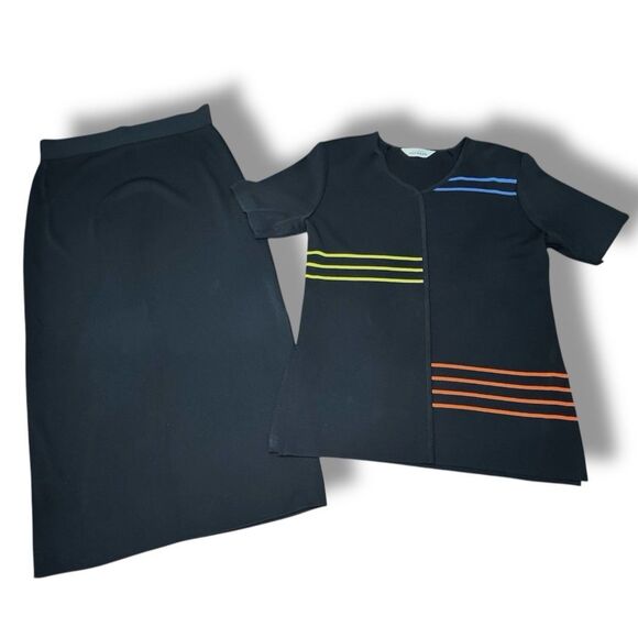 Exclusively Misook Black Acrylic Striped 2 Pc Skirt Shirt Set Women’s Size XL - Picture 1 of 16